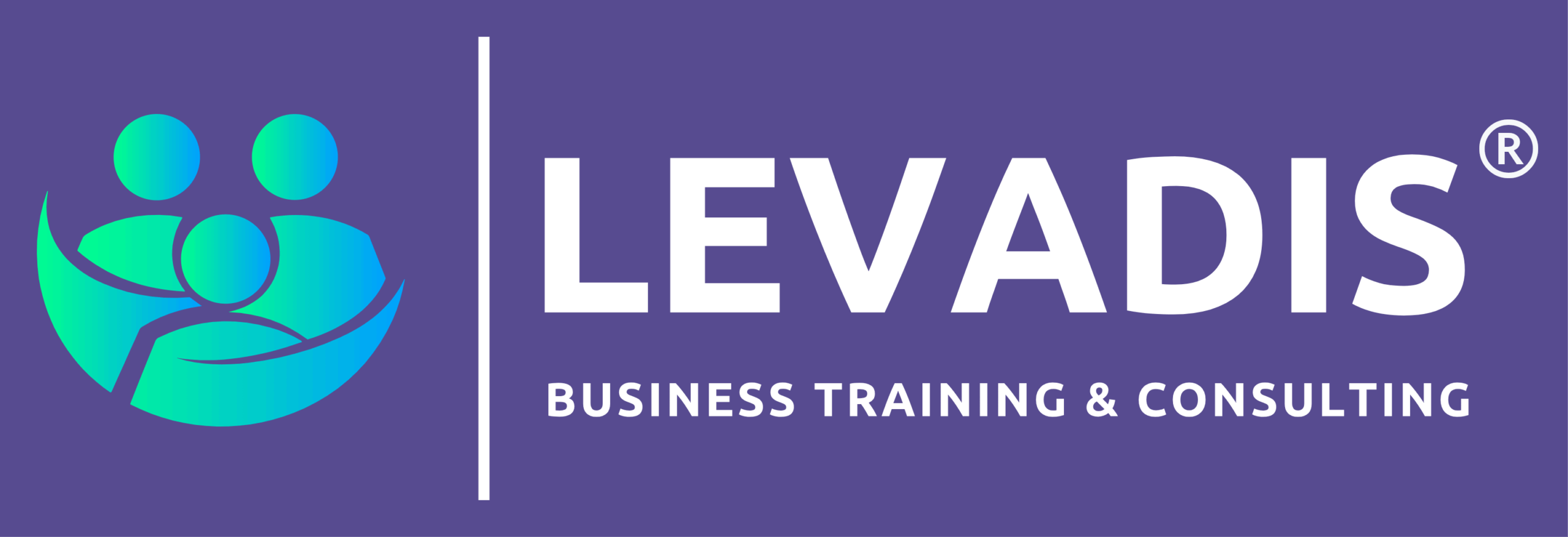 Logo von LEVADIS® Business Training & Consulting. Links ein stilisiertes Symbol aus drei abstrahierten, türkisfarbenen Figuren, die sich schützend umarmen und in einem halbkreisförmigen Element eingebettet sind – Symbol für Gemeinschaft, Unterstützung und Entwicklung. Rechts davon der Schriftzug ‘LEVADIS®’ in großen, weißen Großbuchstaben, darunter in kleinerer Schrift ‘BUSINESS TRAINING & CONSULTING’, auf violettem Hintergrund.