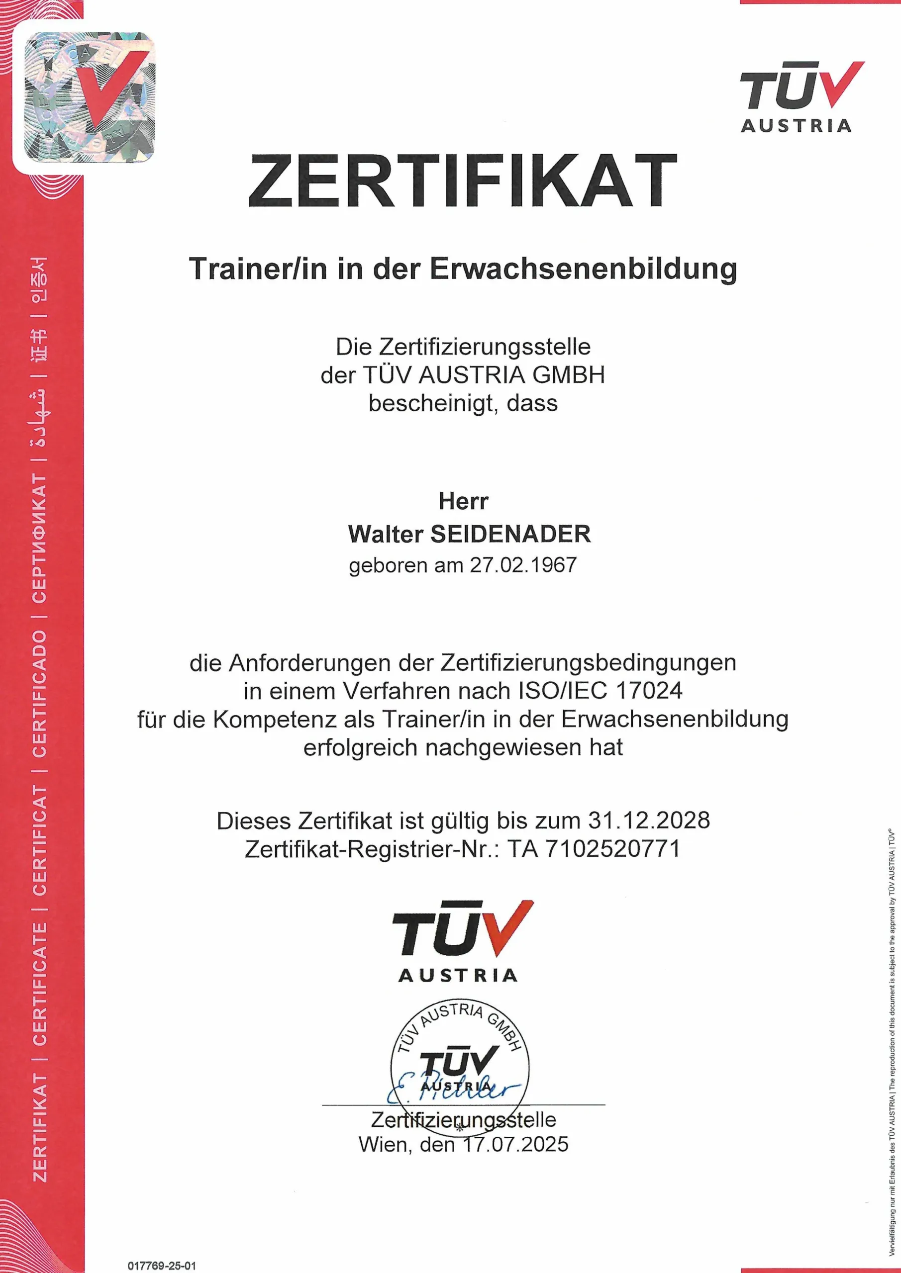 Trainer Zertifikat TÜV Austria